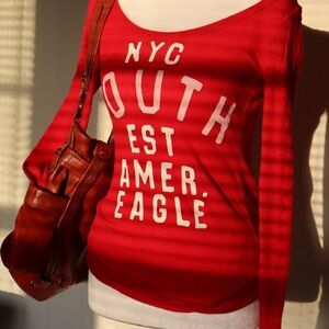 American Eagle Outfitters Red Ribbed Long Sleeve Tee with White NYC Graphic